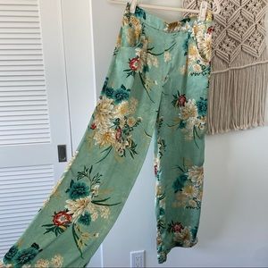 Silk green floral wide leg pants